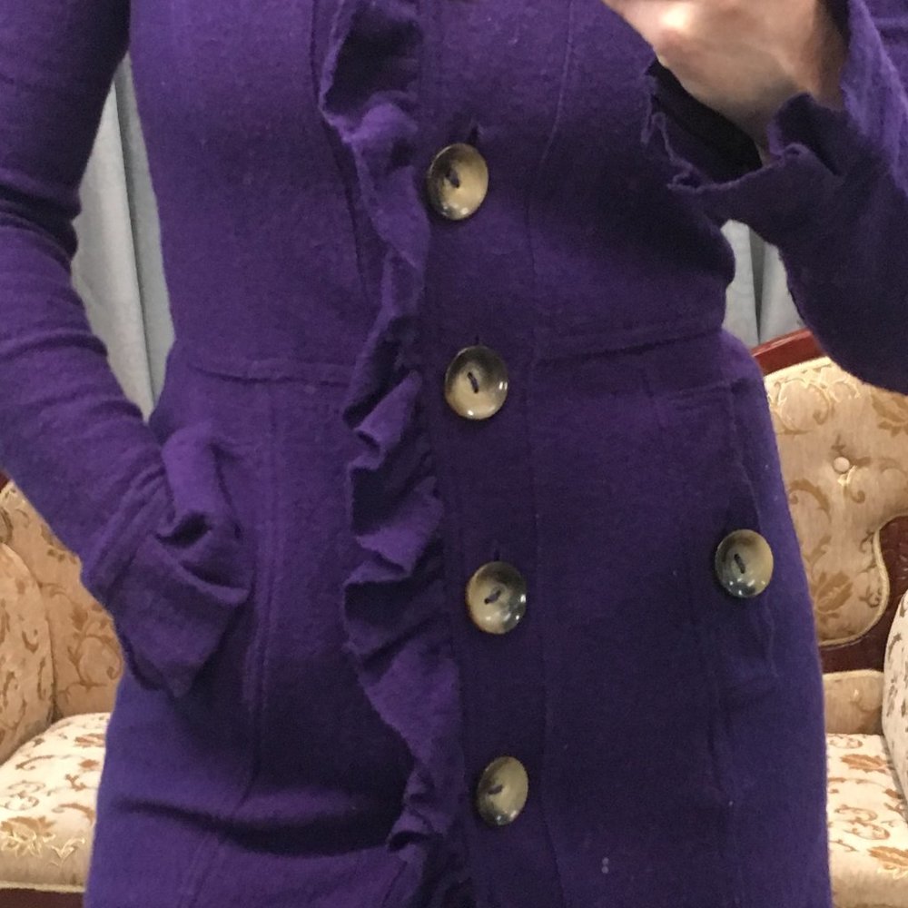 LUII Wool Purple Ruffle Front Jacket Coat Sweater - Picture 2 of 16